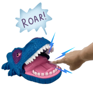 משחק שיניים דינוזאור כחול מפלסטיק, לחיצה על שיניים.עושה אורות וצלילים.