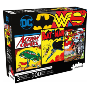 פאזלים של DC קומיקס - שלושה באחד, פאזלים 500 חלקים כל אחד, באטמן, סופרמן ו-וונדר-וומן. סגנון רטרו