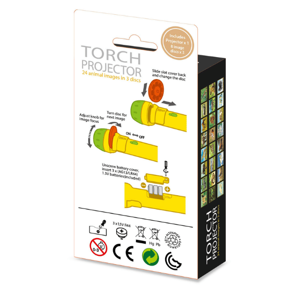 פנס מקרן דינוזאורים של Ambo Funtamin עם 3 דיסקים, קופסת אחסון ופוסטר