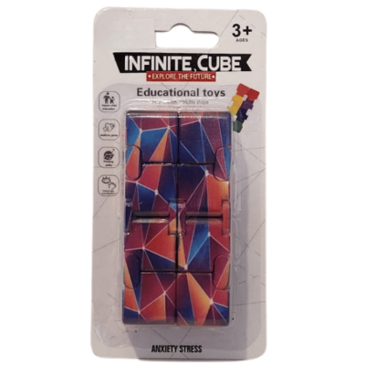 קוביית אינסוף Infinite Cube עם הדפס גאומטרי בכחול, ורוד וכתום, באריזה