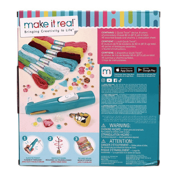 גב אריזת ערכת צמידים Make It Real עם מכשיר Quick Twist, חוטים צבעוניים וחרוזים