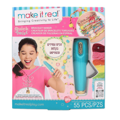 קופסת ערכה להכנת צמידים Quick Twist של Make It Real, עם מכשיר טוויסט טורקיז וחוטי רקמה צבעוניים