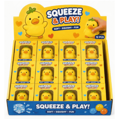 מארז תצוגה של ברווז סקווישי צהוב Squeeze & Play עם 12 קופסאות קטנות