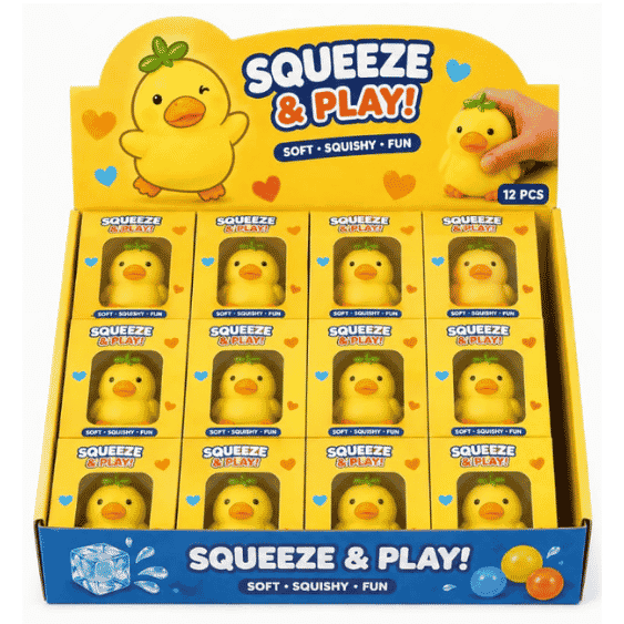 מארז תצוגה של ברווז סקווישי צהוב Squeeze & Play עם 12 קופסאות קטנות