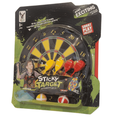 לוח חיצים לילדים Sticky Target עם חיצים צהובים ואדומים וכדורים דביקים, באריזה
