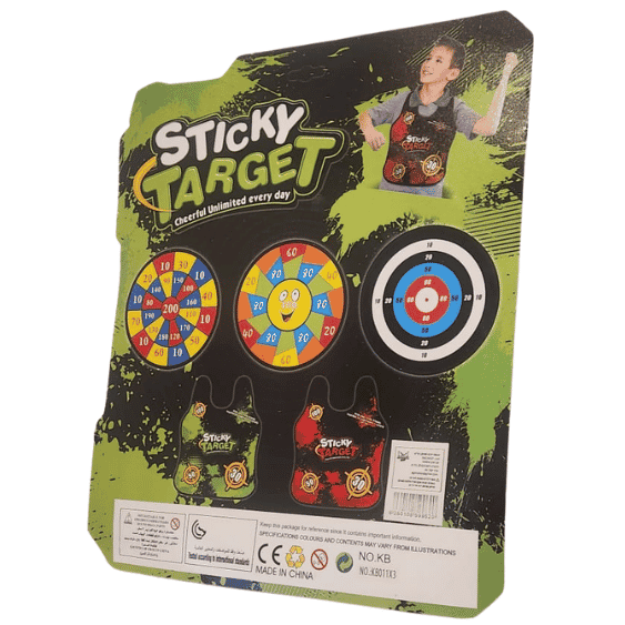 גב אריזת Sticky Target עם אפוד מטרה לילדים, לוחות מטרה עגולים וילד לובש אפוד