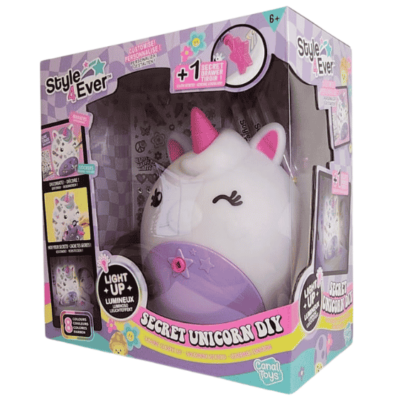 מנורת חד קרן לקישוט Style 4 Ever – חד קרן לבן עם קרן ורודה ובסיס סגול, בקופסה