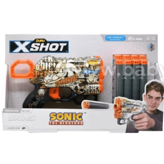 אקדח חצים X-Shot Skins Menace סוניק רטרו בגווני חום וזהב, עם 8 חצי ספוג