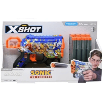 אקדח חצים X-Shot Skins Menace בעיצוב כחול עם סוניק וחבריו, ו-8 חצי ספוג