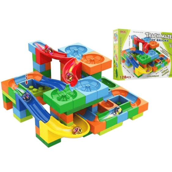 מסלול גולות Track Maze בנוי מקוביות צבעוניות עם מגלשות ומשפכים